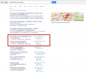 image of Google search results for photographer manchester